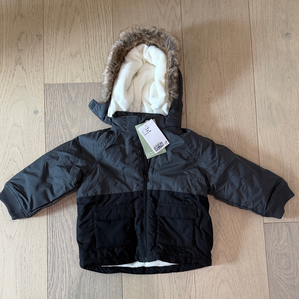 H&M Gray and Black Hooded Jacket with Fur Trim